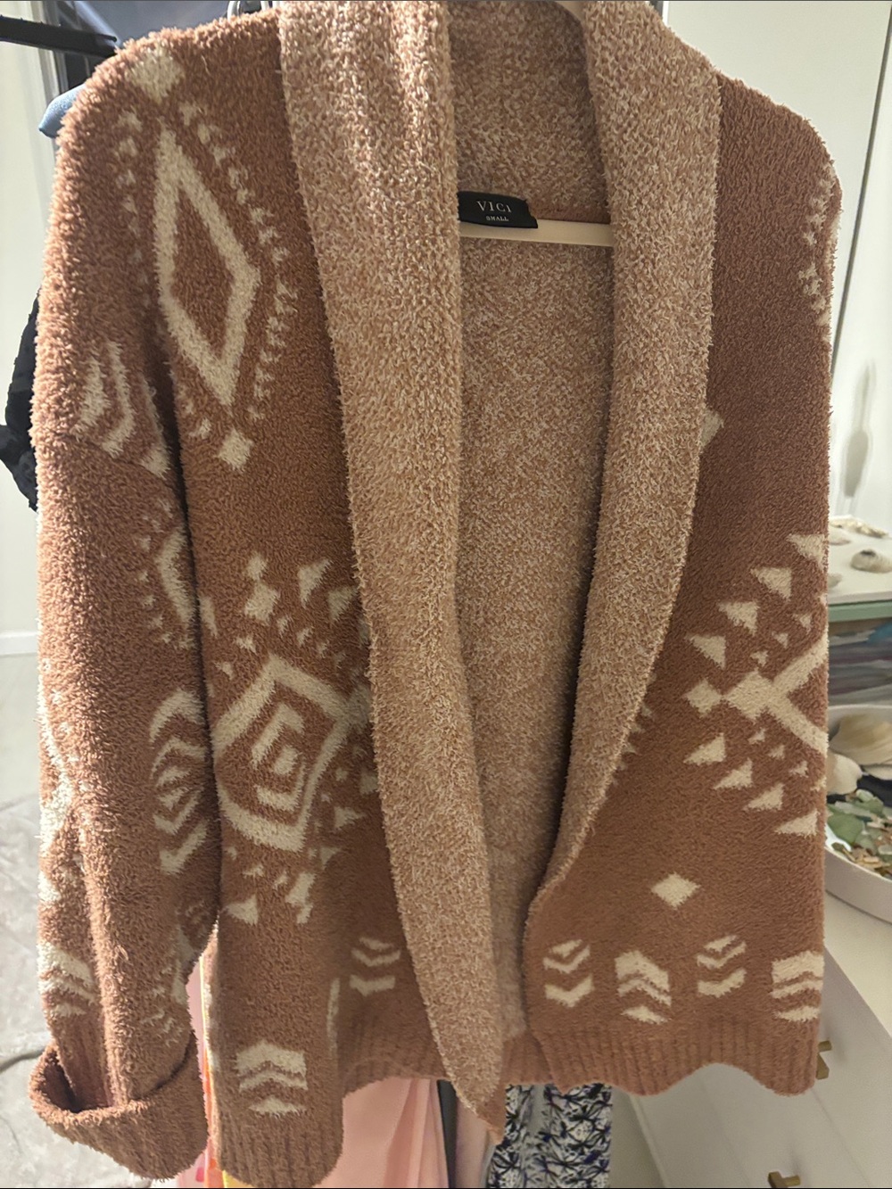 VICI Open-Front Geometric Shawl Collar Cardigan - Rust & Cream